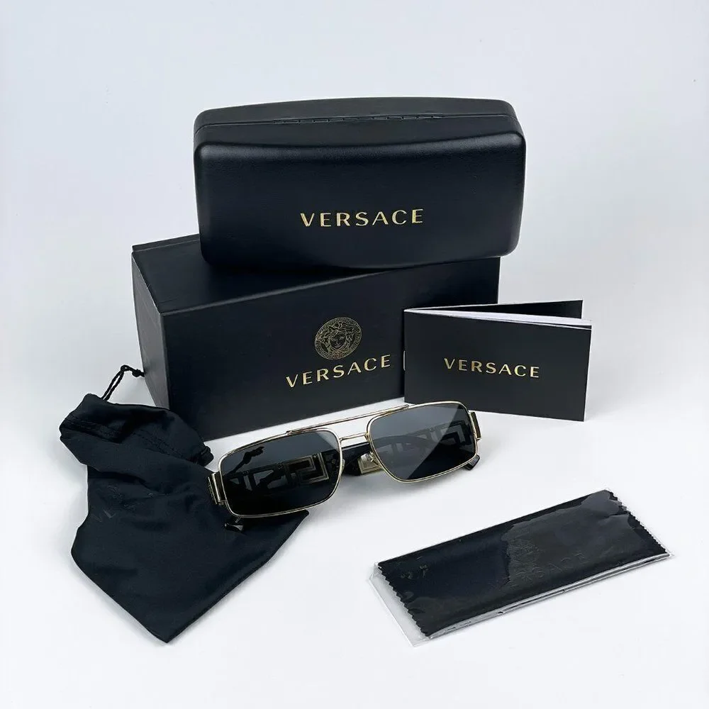 NEW Versace VE2257 100287 Gold Dark Grey Metal Pilot Unisex Sunglasses
